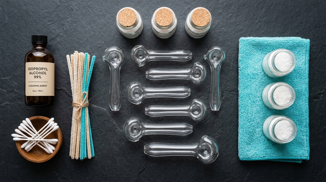 Clean glass hand pipes arranged with isopropyl alcohol, coarse salt, cotton swabs, and pipe cleaners on a matte stone surface
