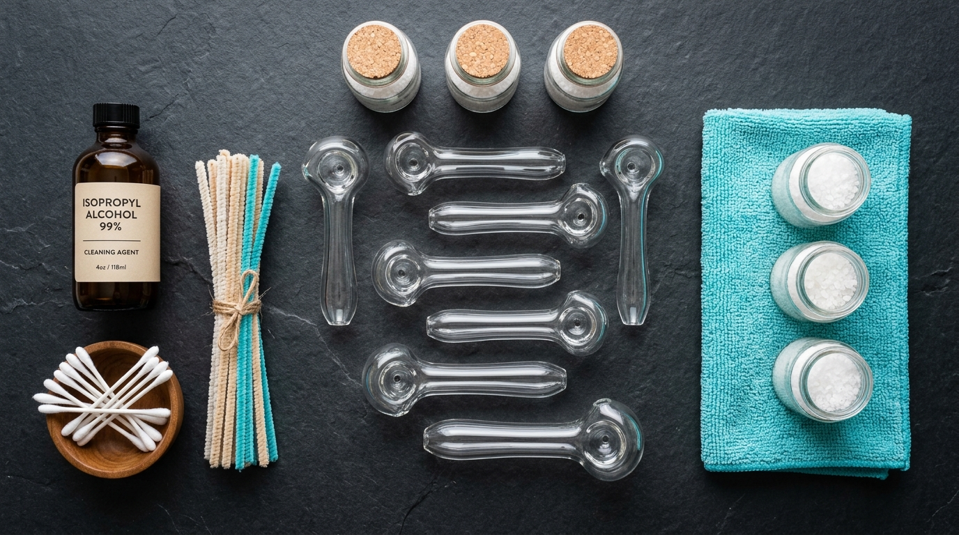 Clean glass hand pipes arranged with isopropyl alcohol, coarse salt, cotton swabs, and pipe cleaners on a matte stone surface