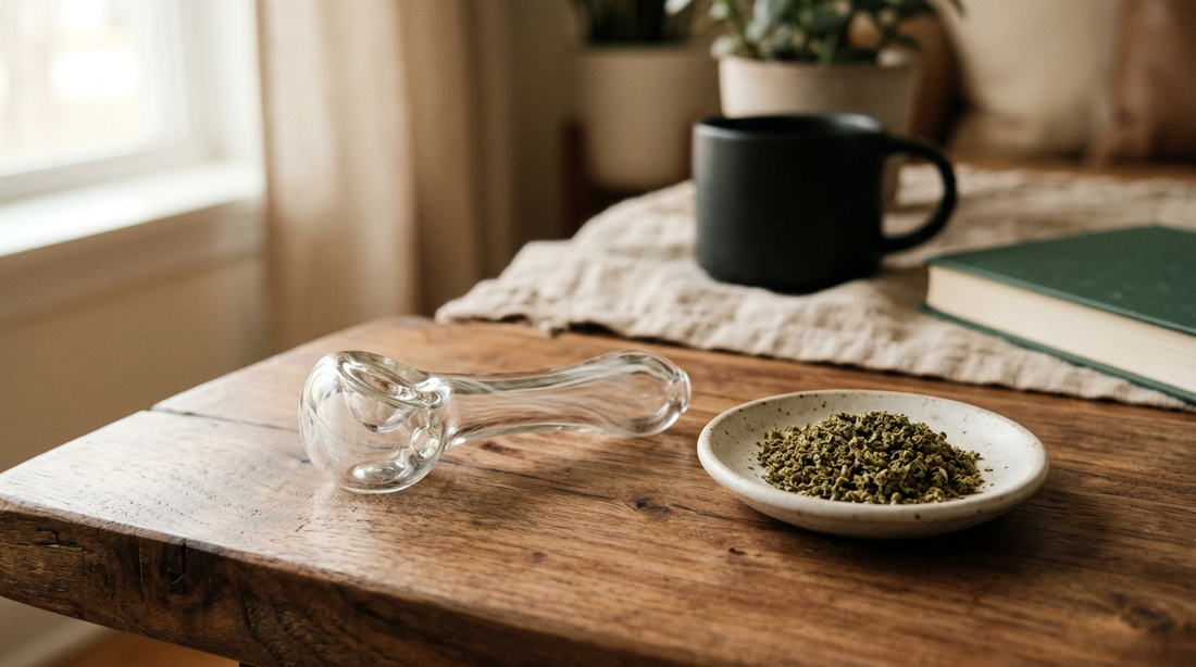 Glass spoon pipe on a wooden surface with a small dish of ground dry herb beside it, warm natural light