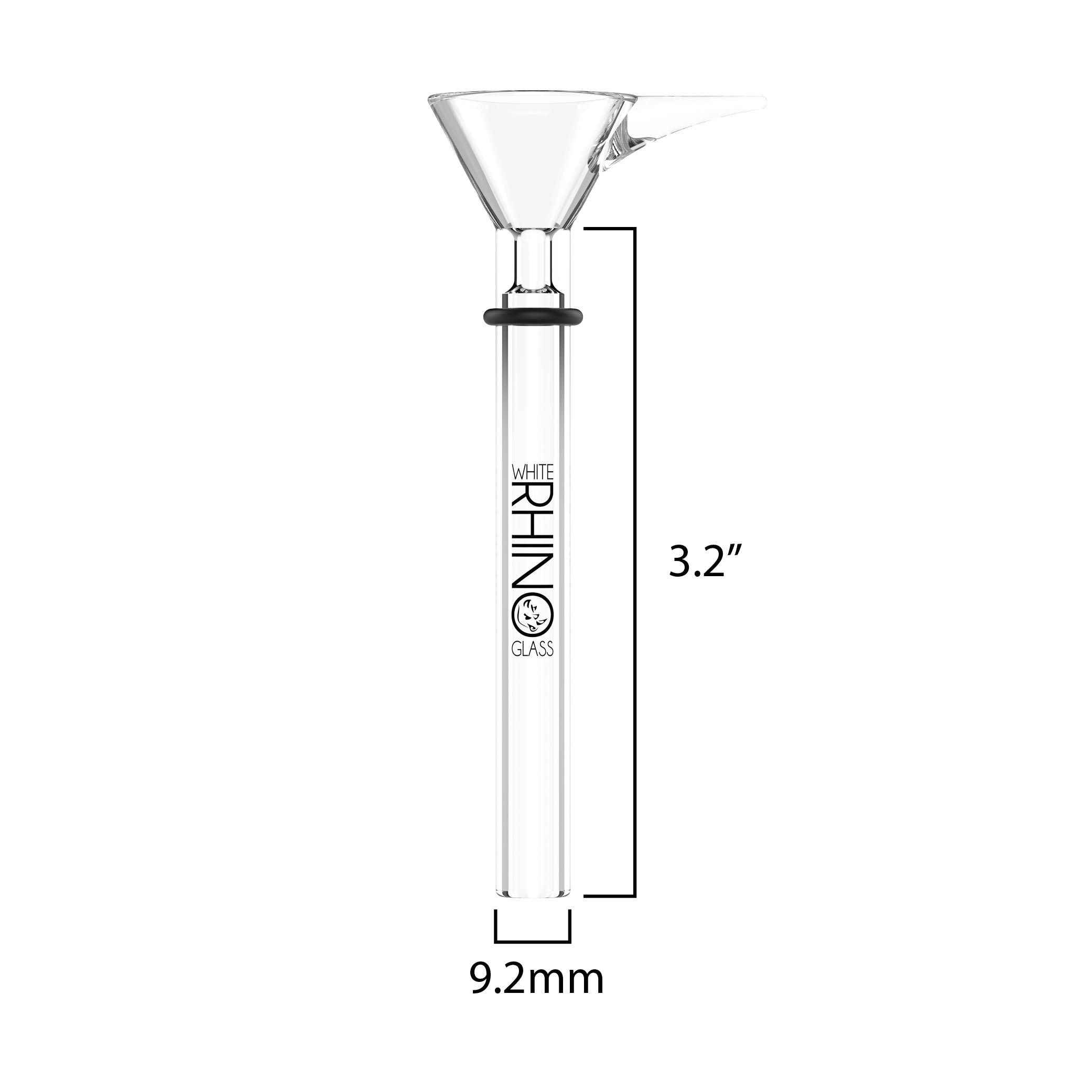 Clear glass martini bowl downstem slider showing 3.2 inch stem length and 9.2mm diameter