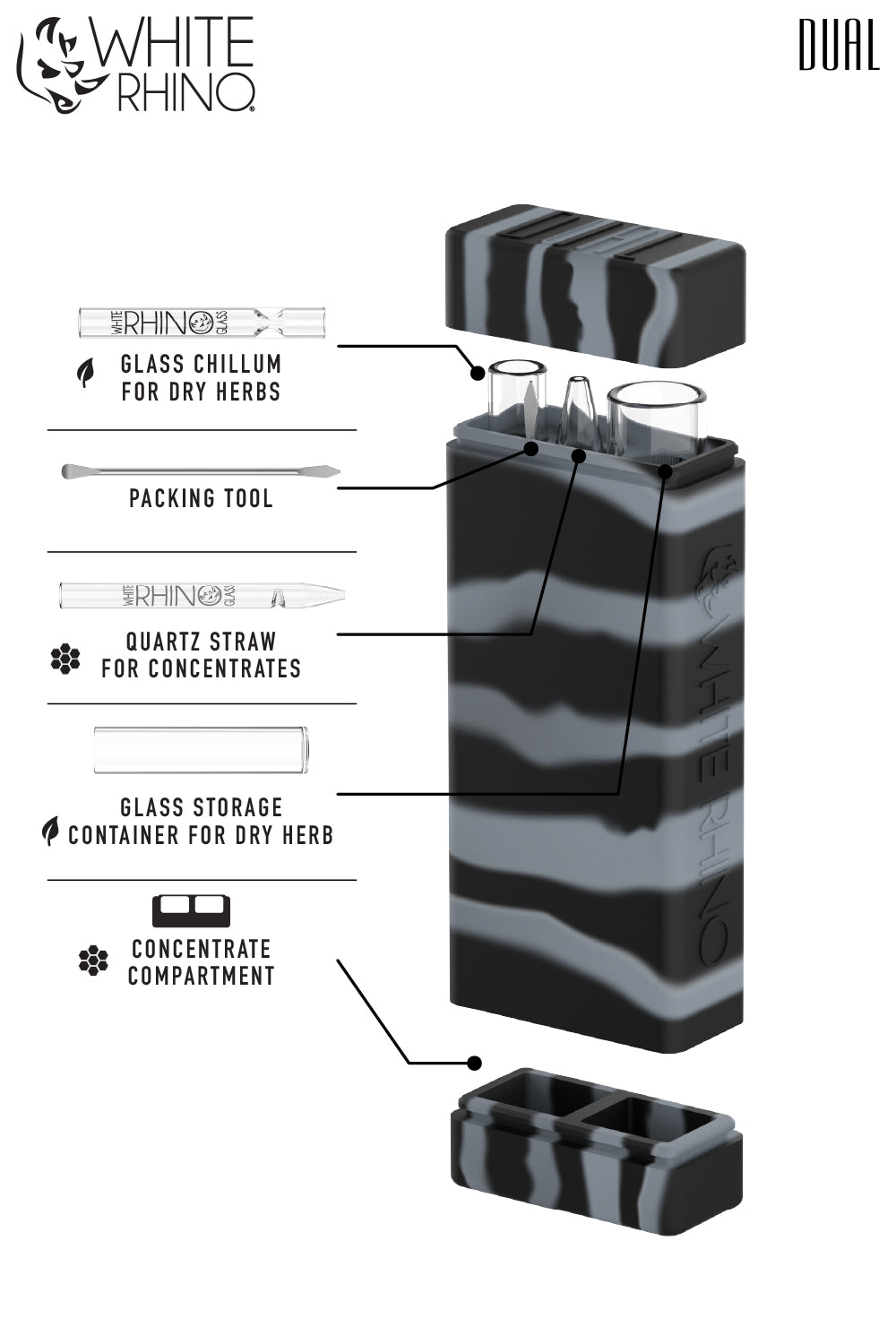 Dual Container with QUARTZ Glass Straw and Chillum - Black Grey