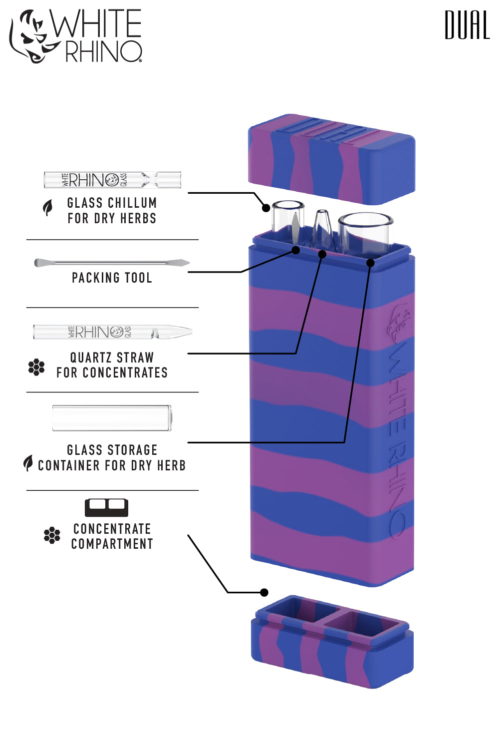 Dual Container with QUARTZ Glass Straw and Chillum - Purple Blue