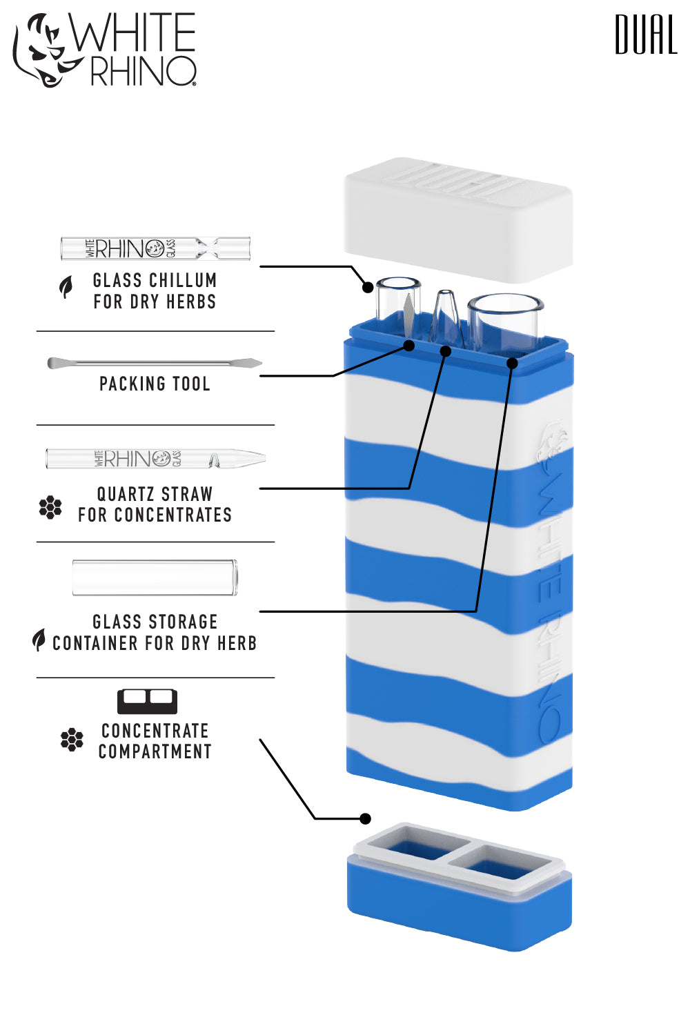 Dual Container with QUARTZ Glass Straw and Chillum - Blue White