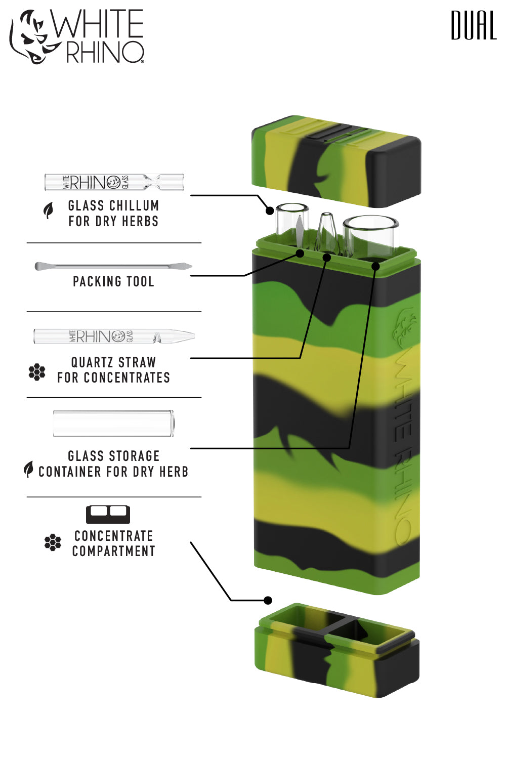 Dual Container with QUARTZ Glass Straw and Chillum - Green Yellow Black
