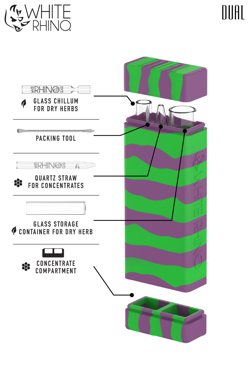 Dual Container with QUARTZ Glass Straw and Chillum - Pink Green