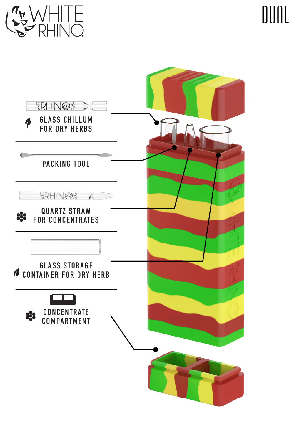 Dual Container with QUARTZ Glass Straw and Chillum - Rasta