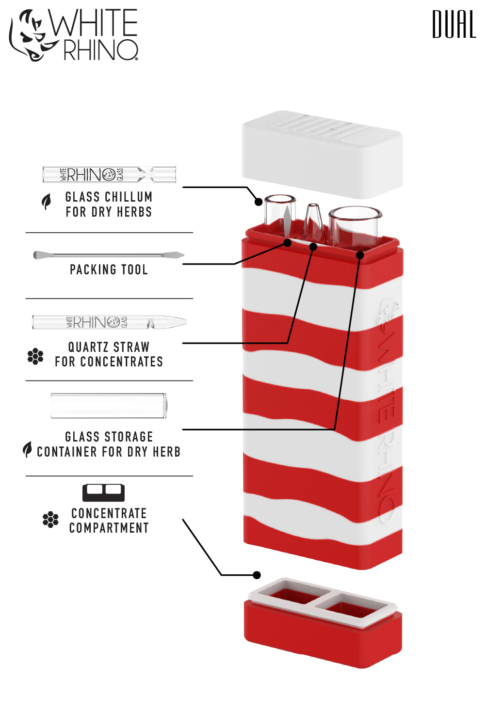 Dual Container with QUARTZ Glass Straw and Chillum - Red White