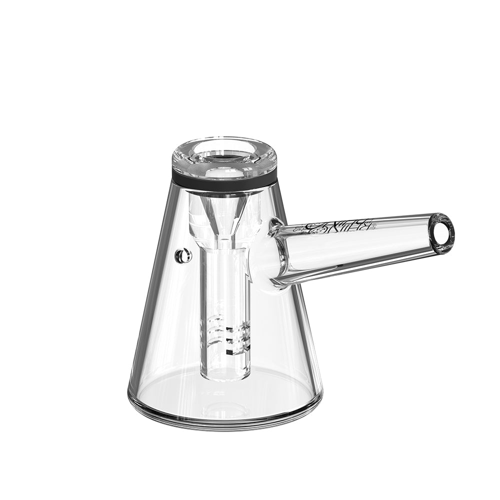 Compact glass bubbler water pipe with side carb and raised bowl