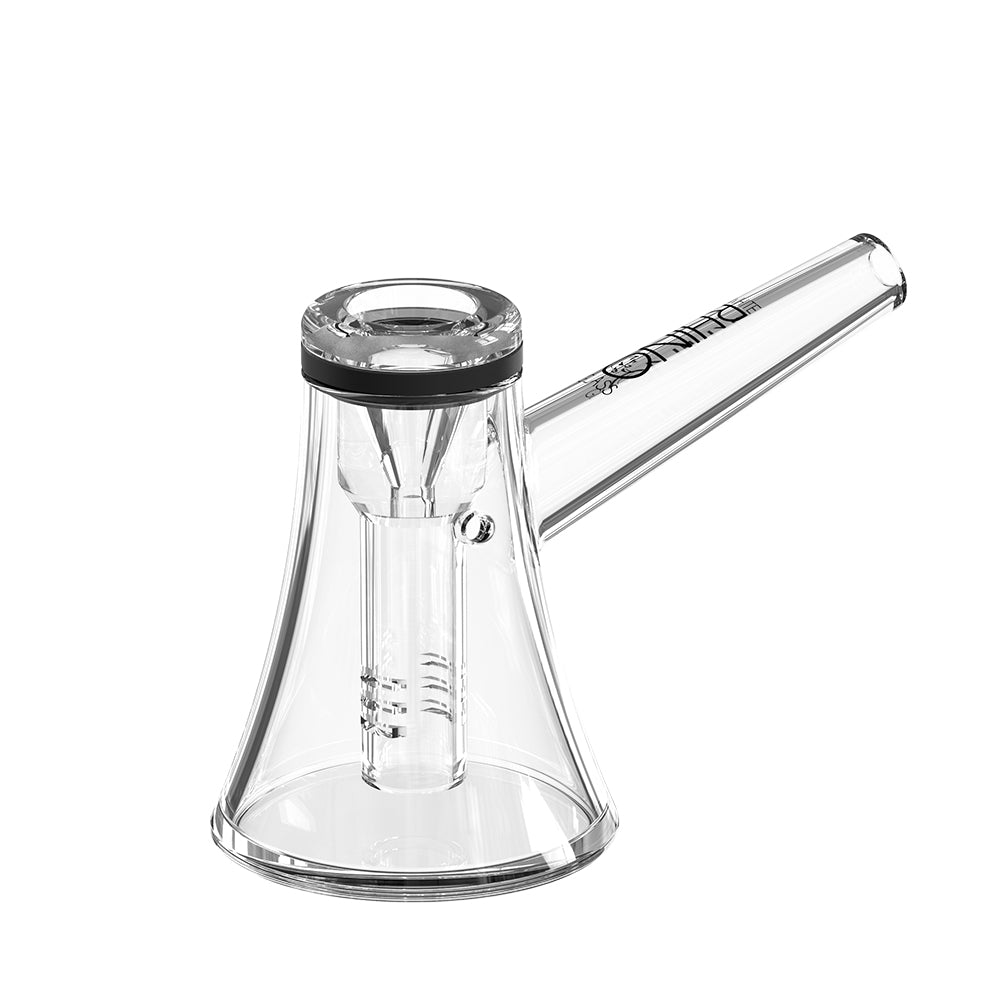 Compact clear glass bubbler pipe with side carb and raised downstem bowl