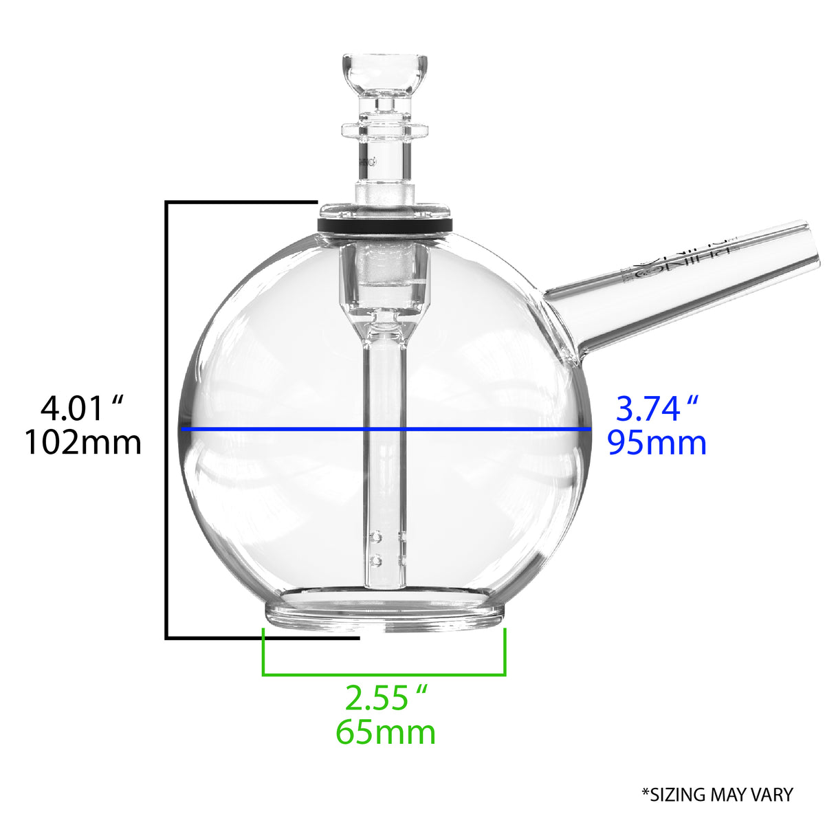 EZ Clean Orb water pipe size chart showing height and width