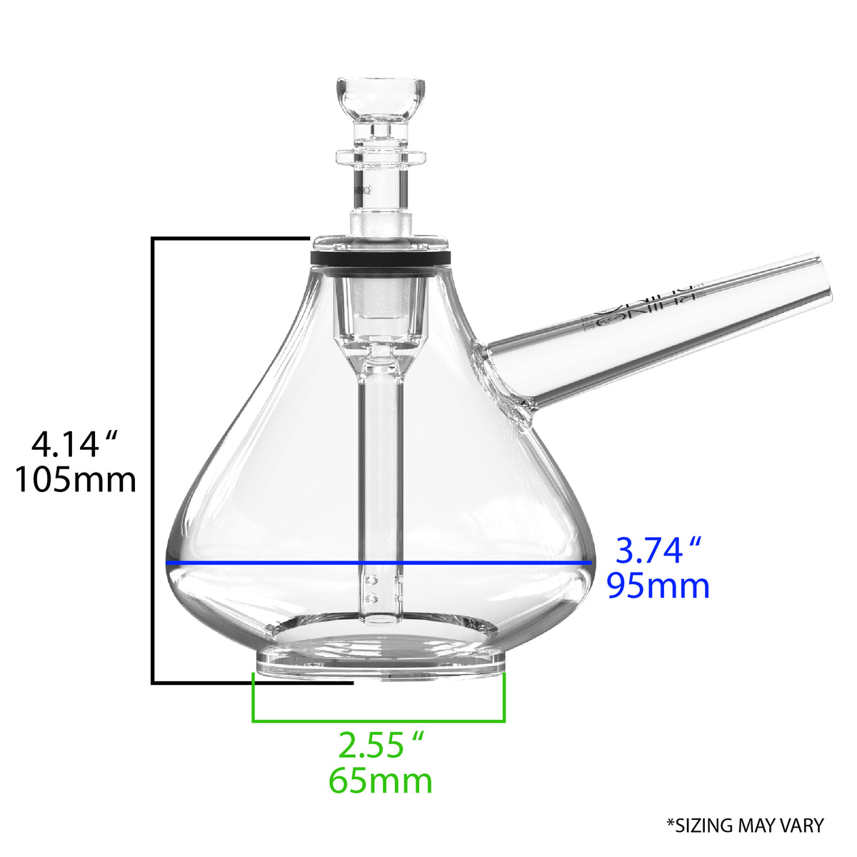 EZ Clean Genie water pipe size chart showing height and base width