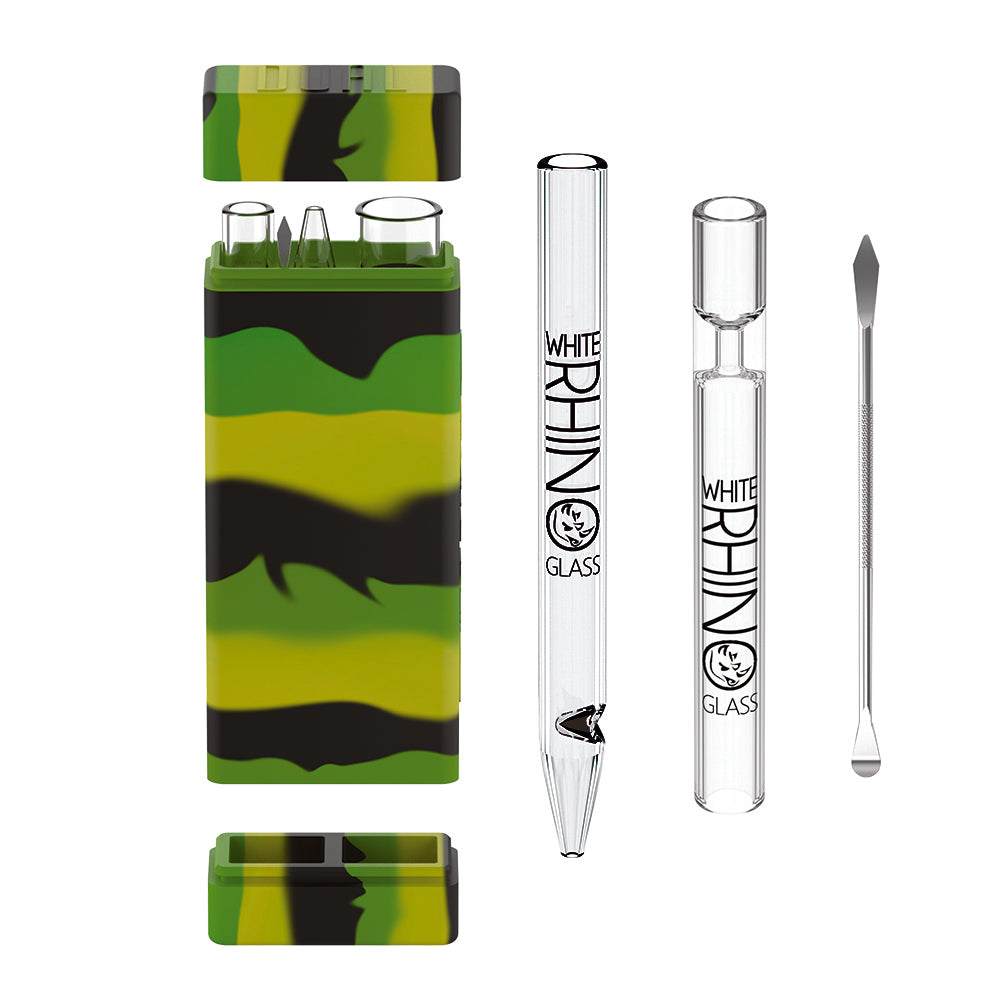 Dual Container with QUARTZ Glass Straw and Chillum - Green Yellow Black
