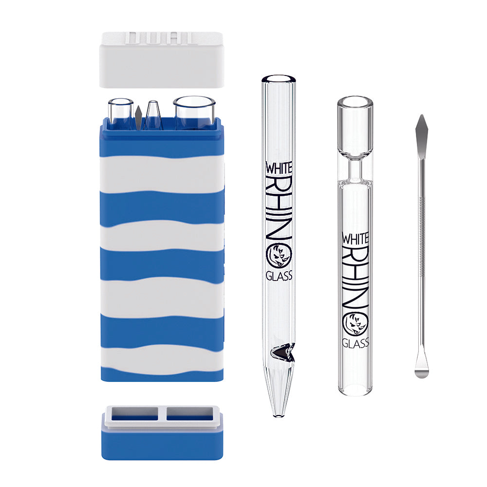 Dual Container with QUARTZ Glass Straw and Chillum - Blue White