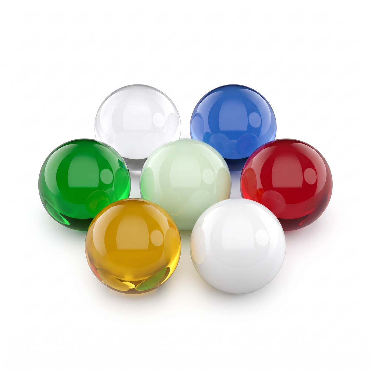 Terp pearls in all seven colors: clear, blue, green, red, yellow, glow in the dark and white ceramic