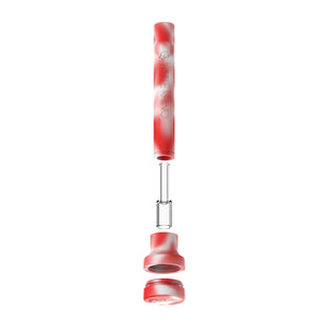 dabtainer red and white color nectar collector silicone  broken apart showing silicone jar and quartz glass tip for concentrates